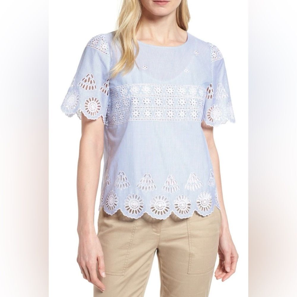 Gianni Bini Cotton Eyelet Blouse in Blue & White Stripe Size L